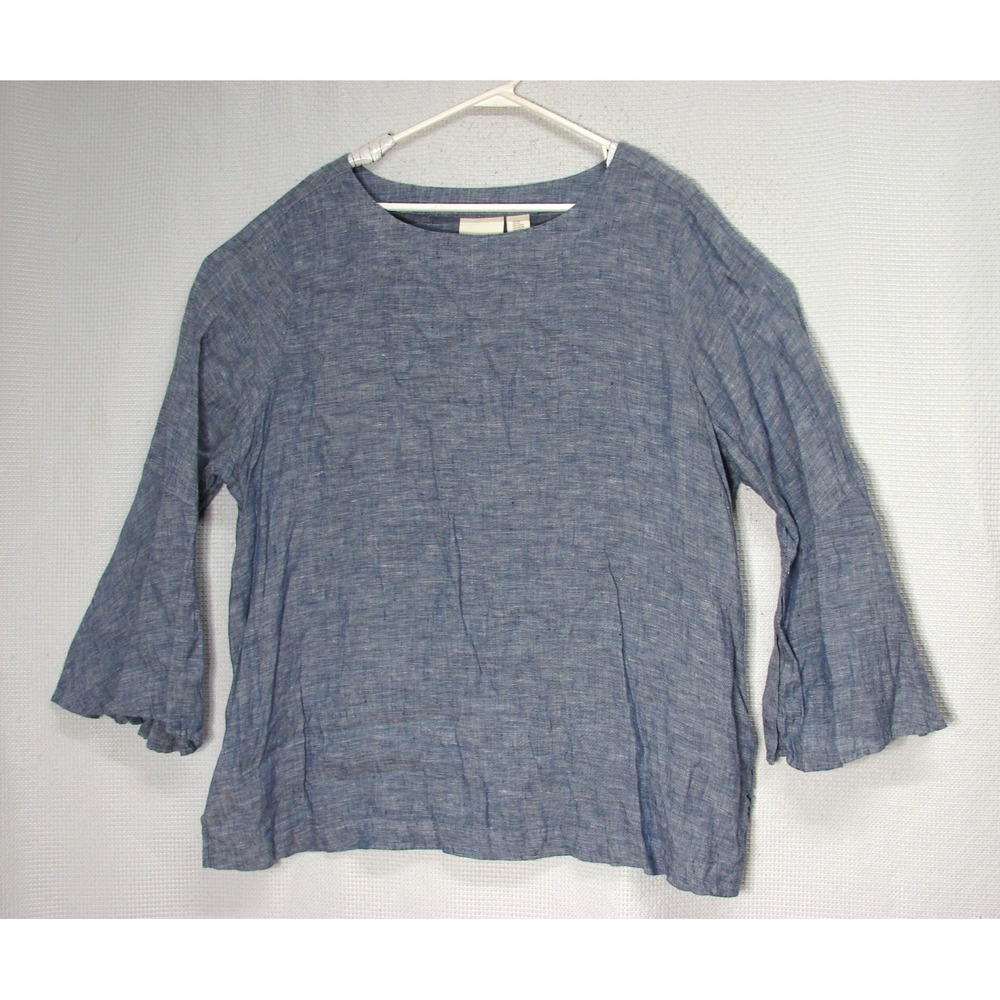CYNTHIA ROWLEY 100% Linen Tunic Top 2X Chambray Blue Bell Sleeve Boho Lagenlook